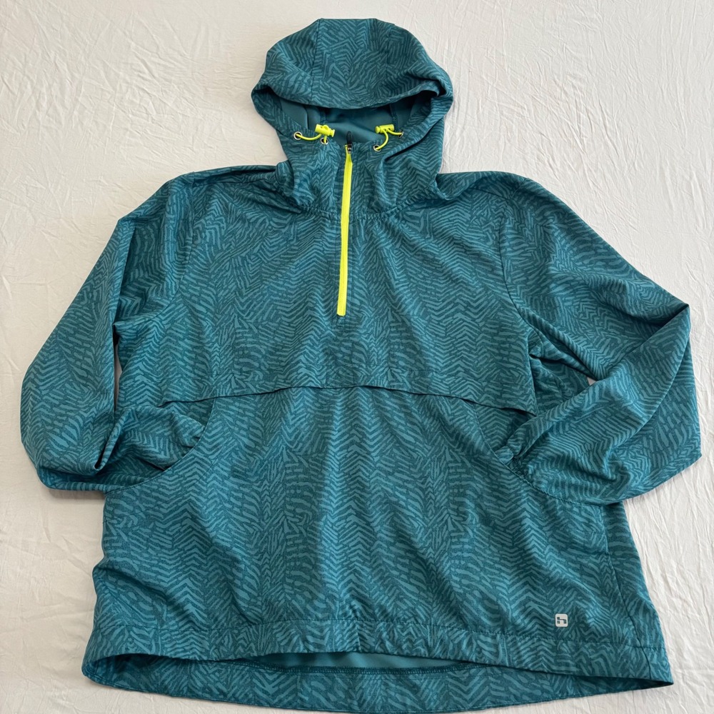 Hind Running Womens Teal Geometric Quarter Zip Hooded Windbreaker Jacket Large